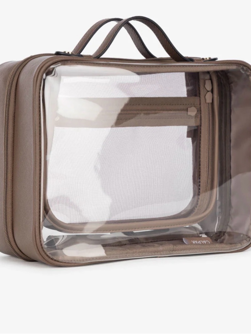 Calpak Clear Large Cosmetic Bag with Mocha Trim and Gold Hardware - New - Picture 11 of 15